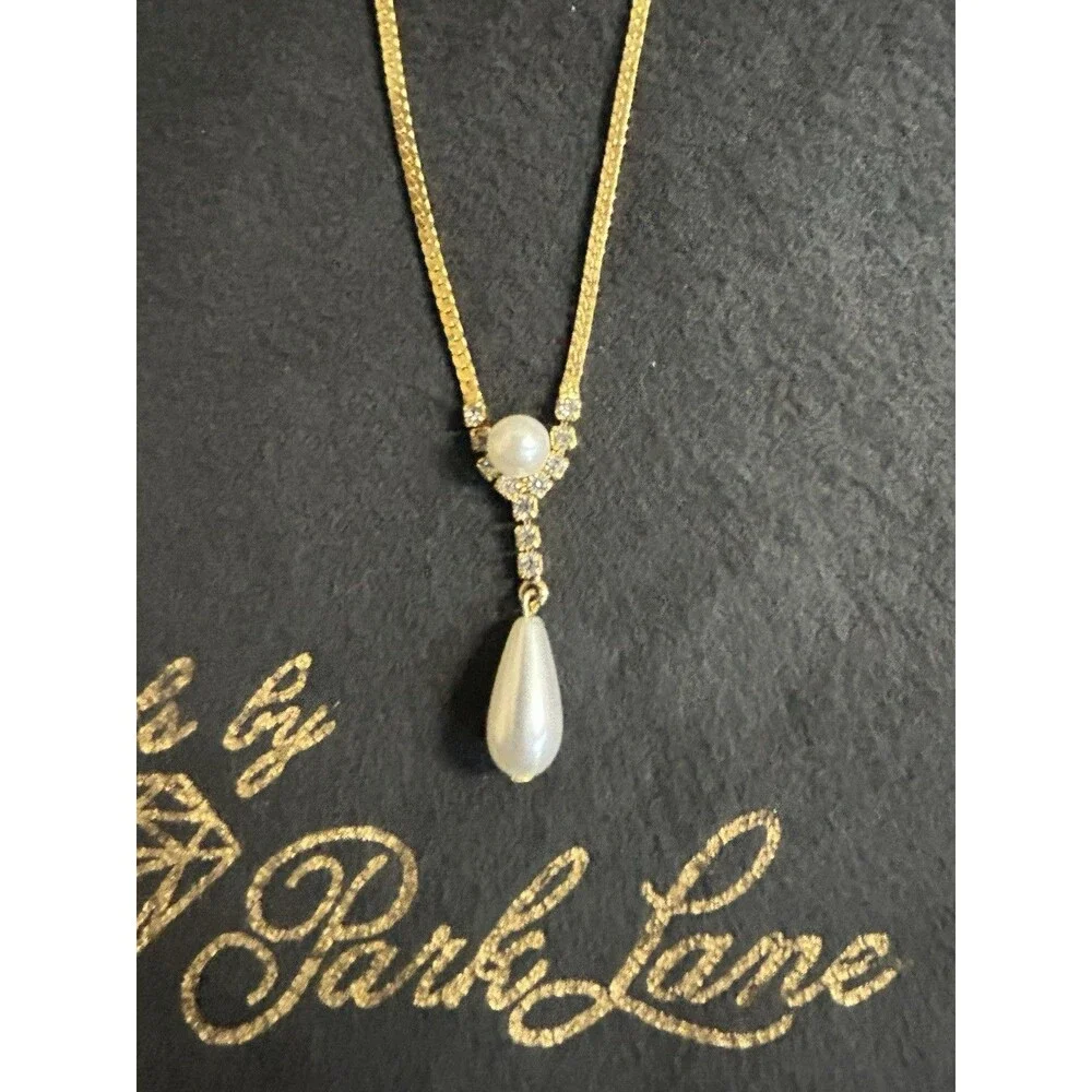 Park Lane Gold Tone Herringbone Faux Pearl Rhinestone 18" Necklace J322 - Picture 4 of 10